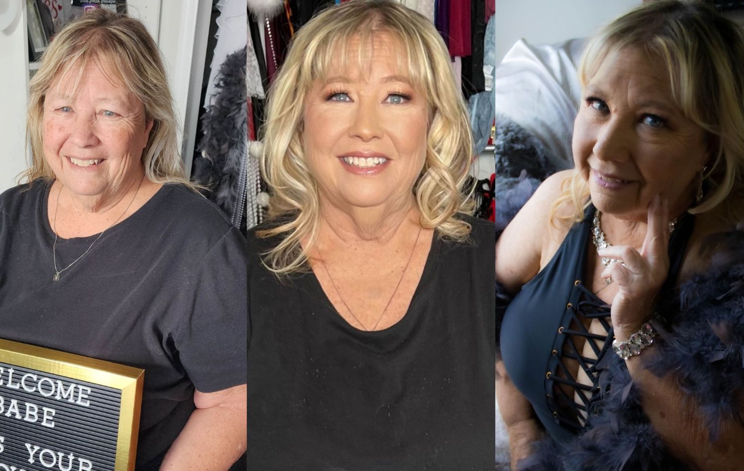 Three photos showing transformation from casual to glamorous with mood lighting.