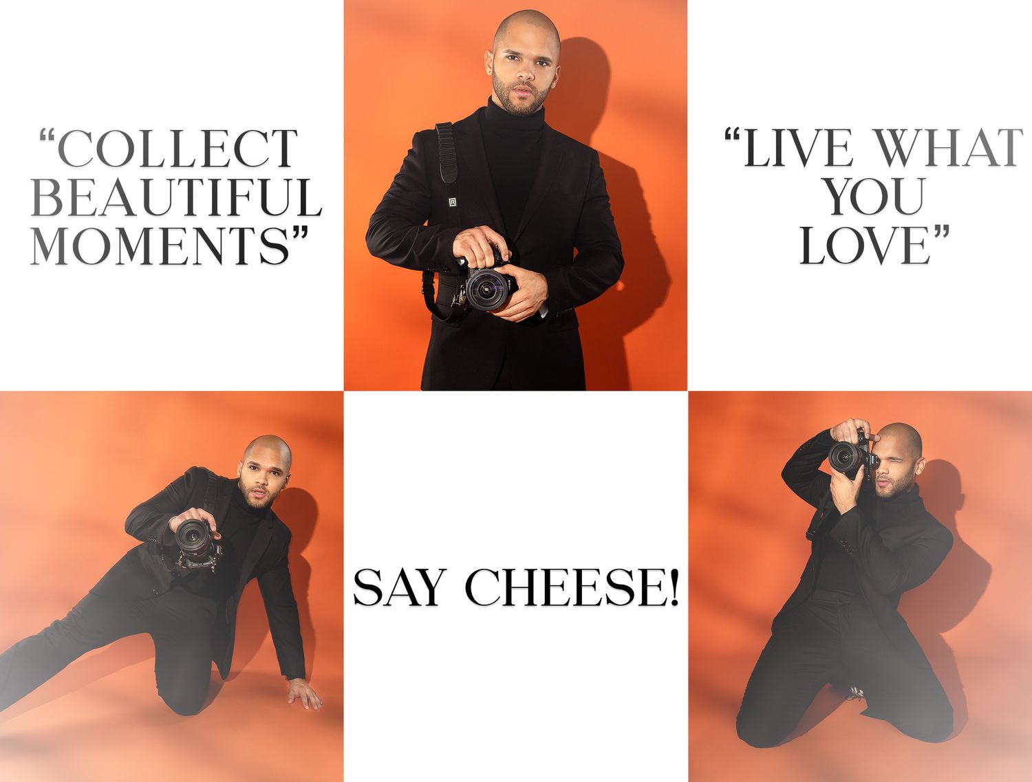 Orange-toned fashion photography collage with text overlays featuring dramatic poses in black outfit.