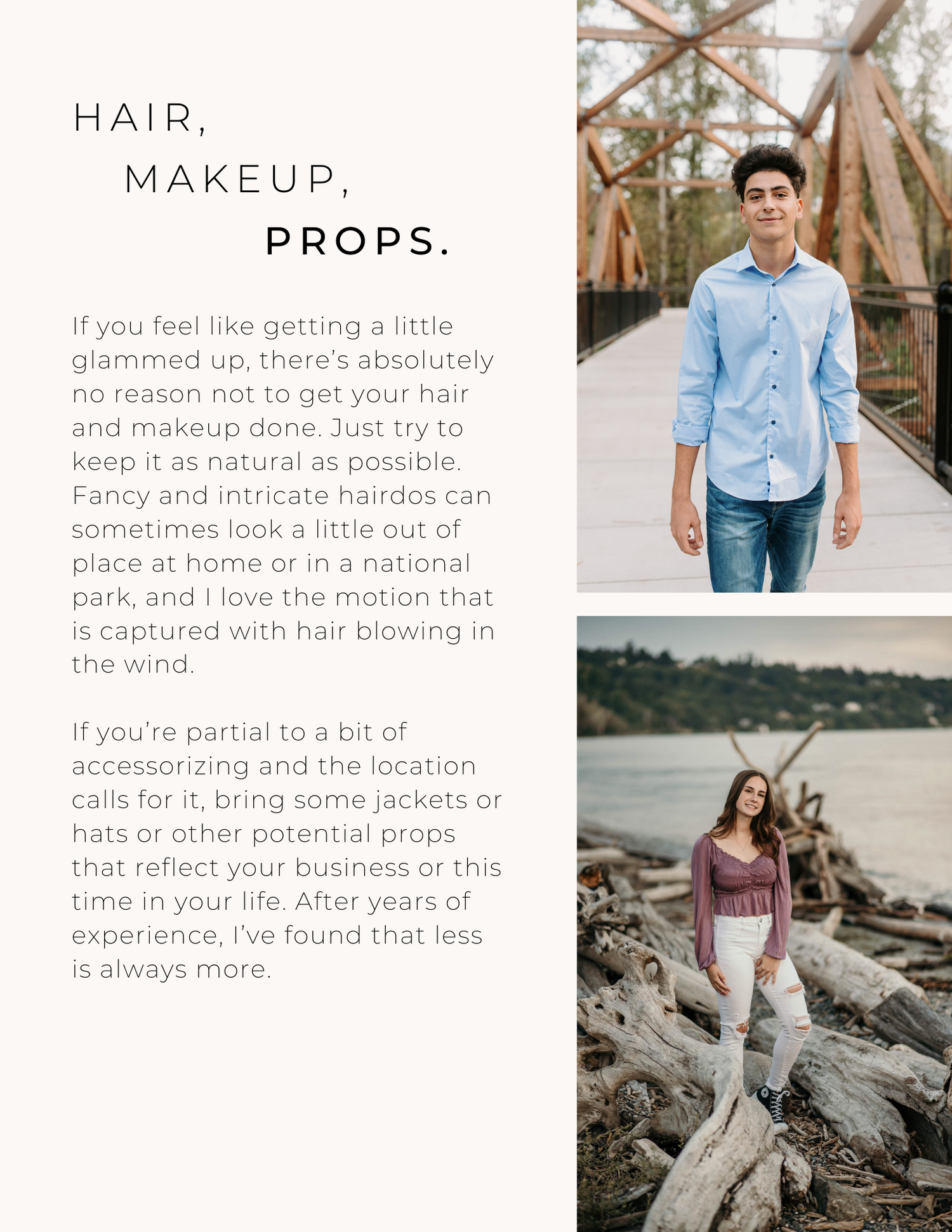 Professional photography guide showing tips for hair, makeup and props for outdoor photo sessions.