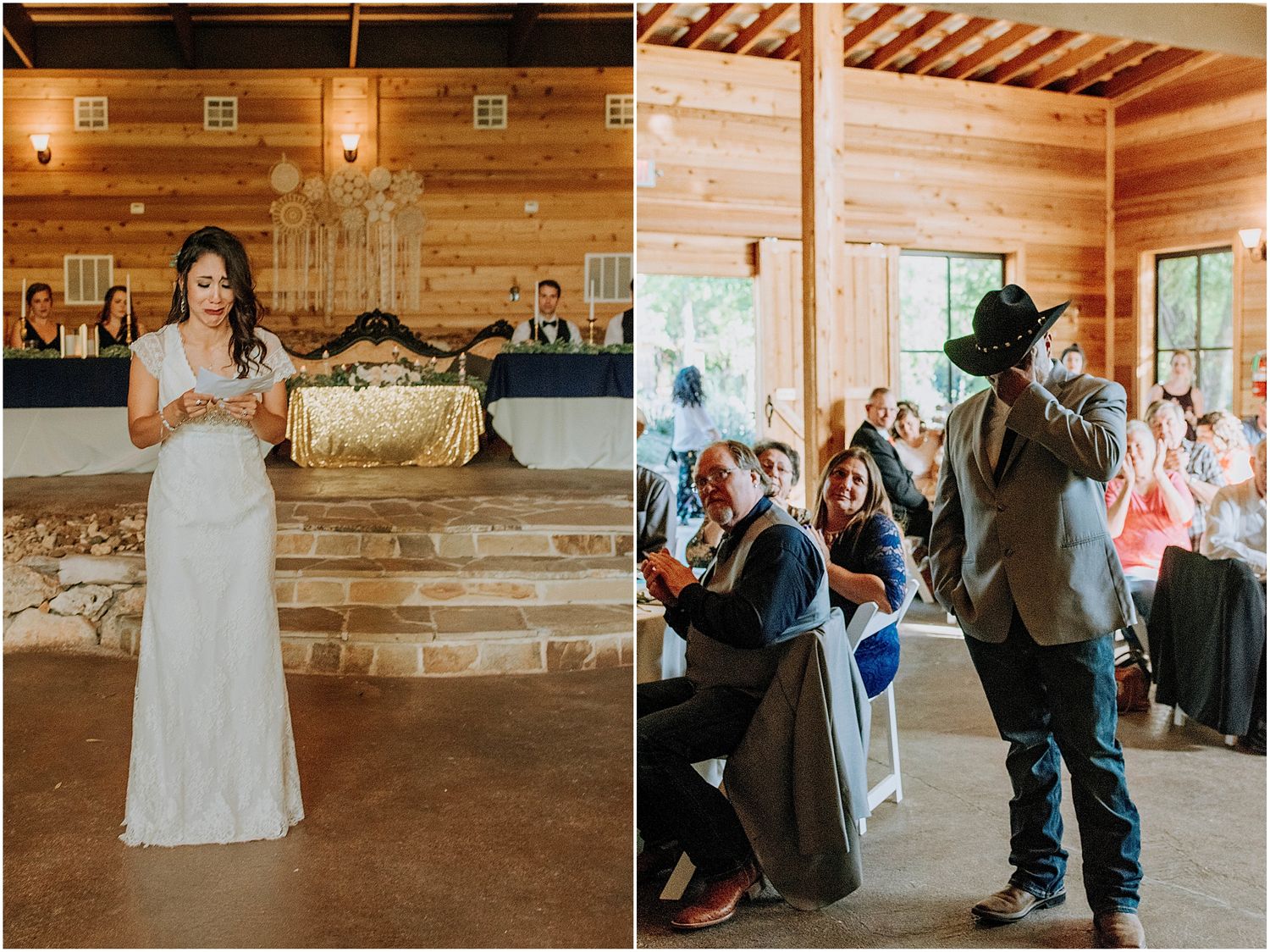 Reception moments captured in a rustic barn venue with wood paneled walls and elegant lighting.