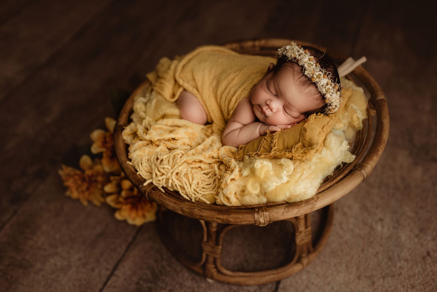 Fort Wayne Newborn Photographer | Baby in papasan chair in newborn studio