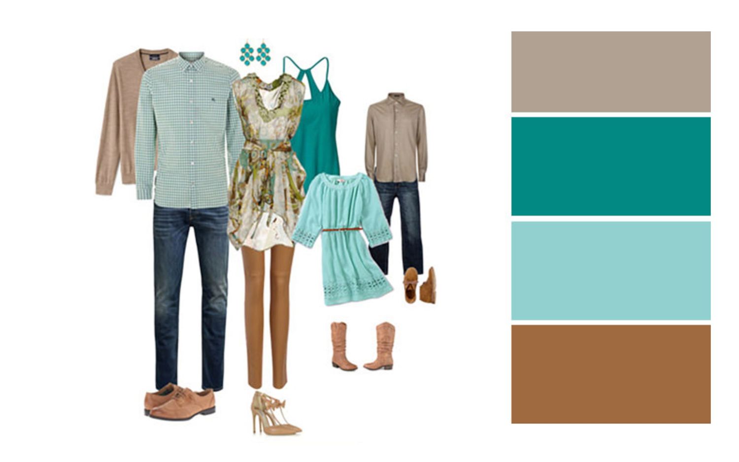 Family fashion outfit set in mint green and brown tones with coordinating pieces for spring photos.