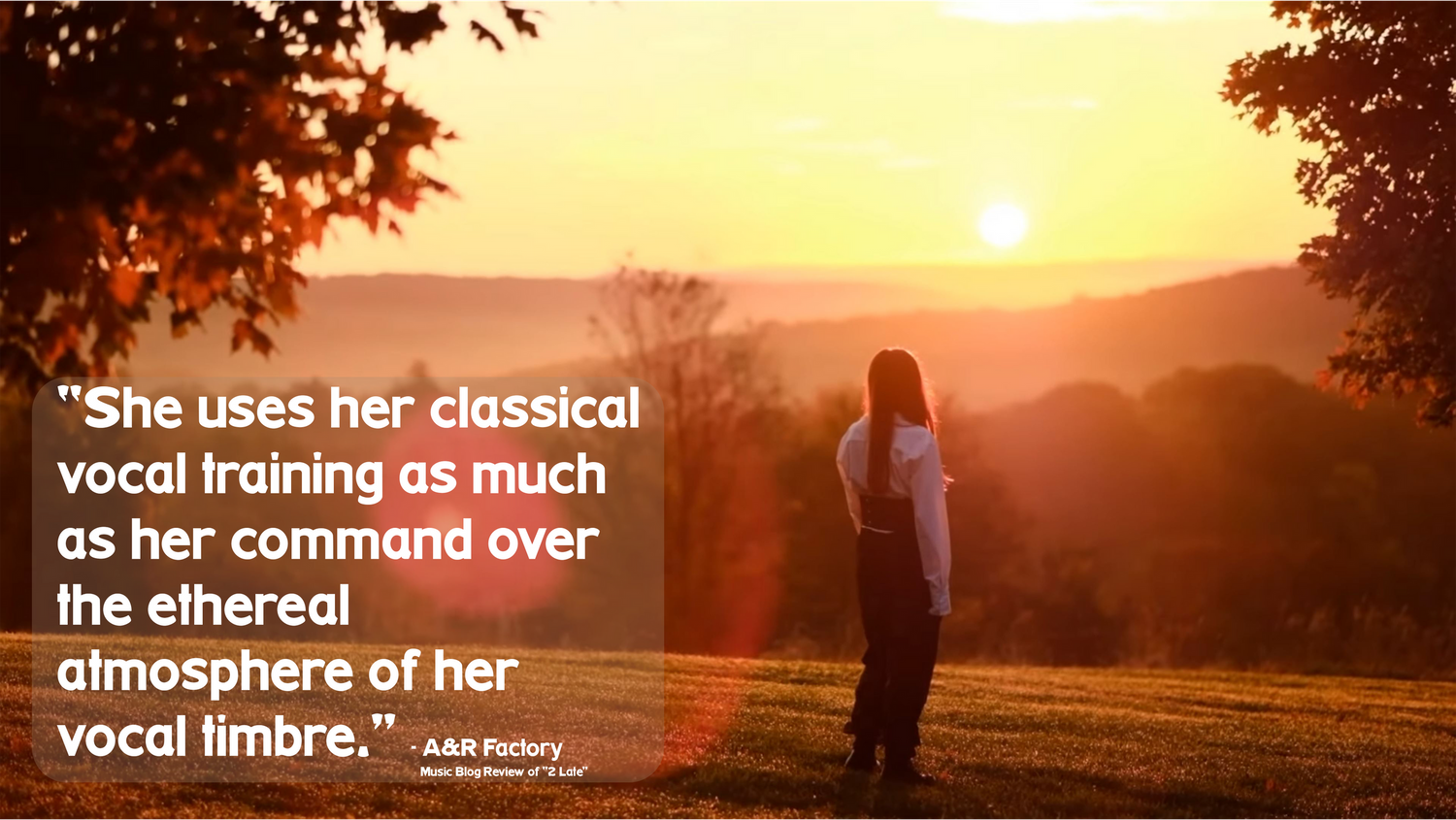 Silhouette of girl standing in field during golden sunset with overlaid text.