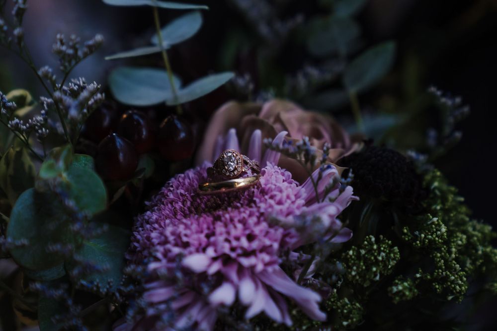 purple flowers, floral, fauna, bride bouquet, wedding rings
