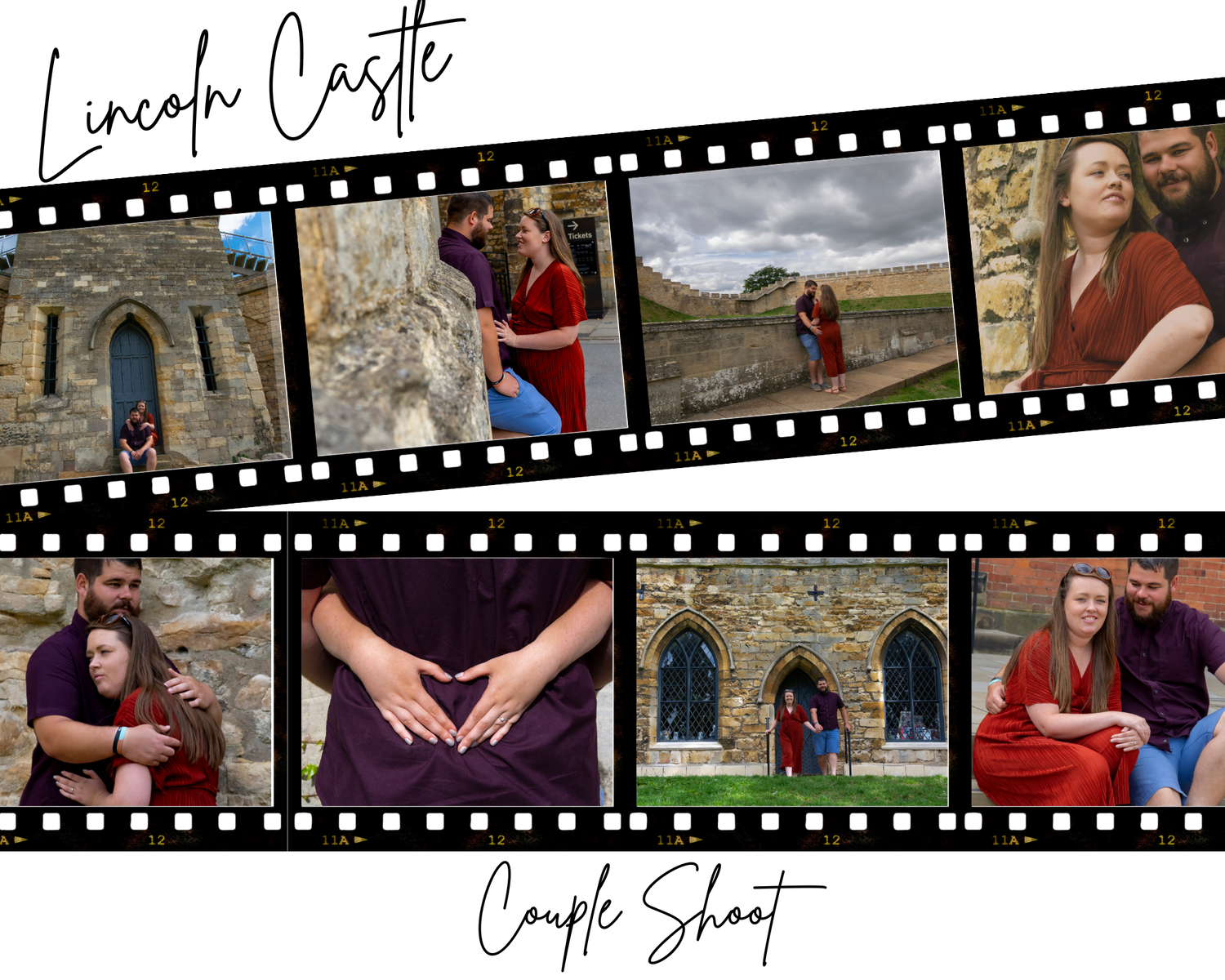 Collage of engagement photos featuring couples at various stone architectural locations.