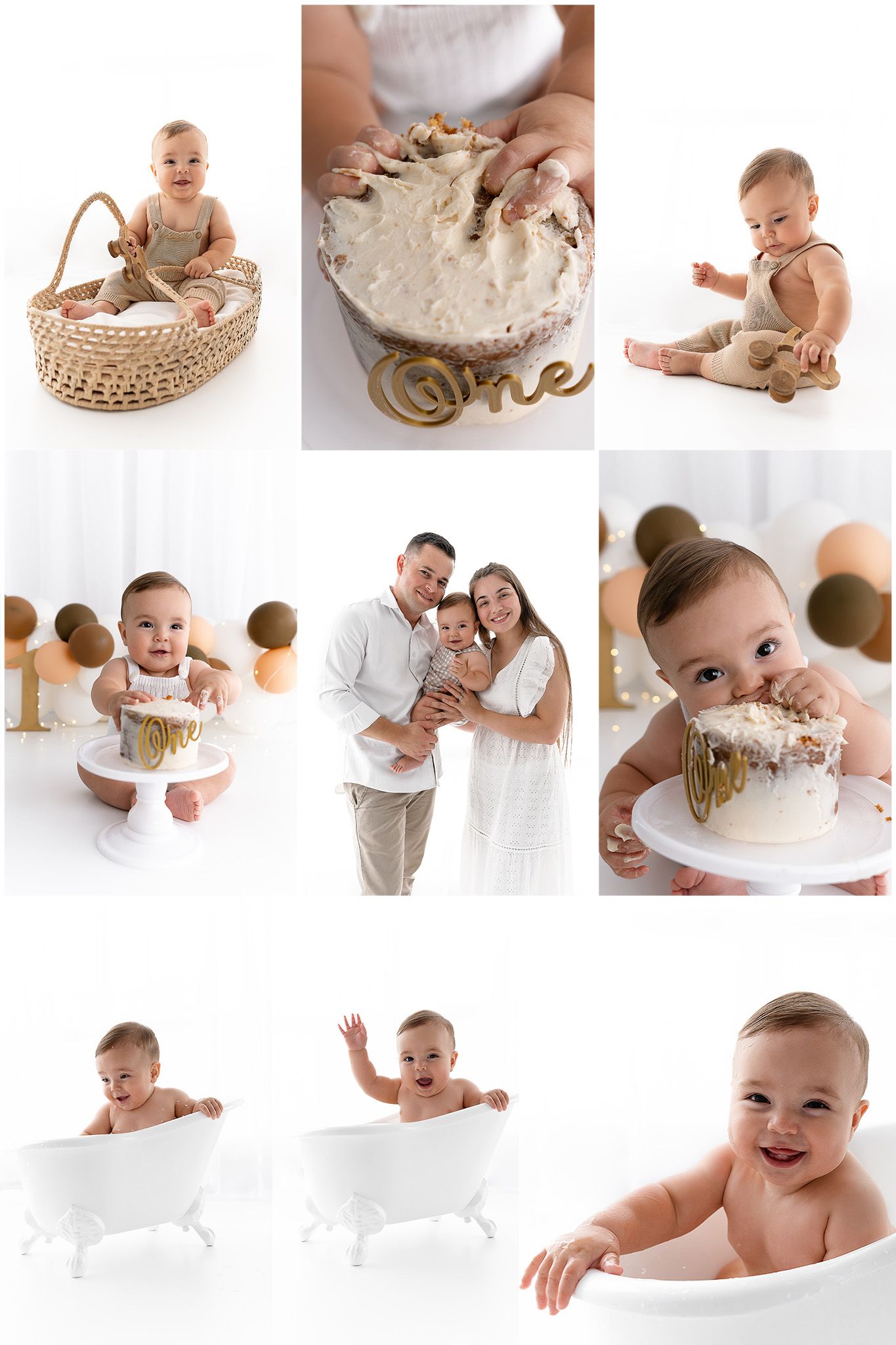 Collage of cake smash photo session featuring one year old with classic white and neutral tones.