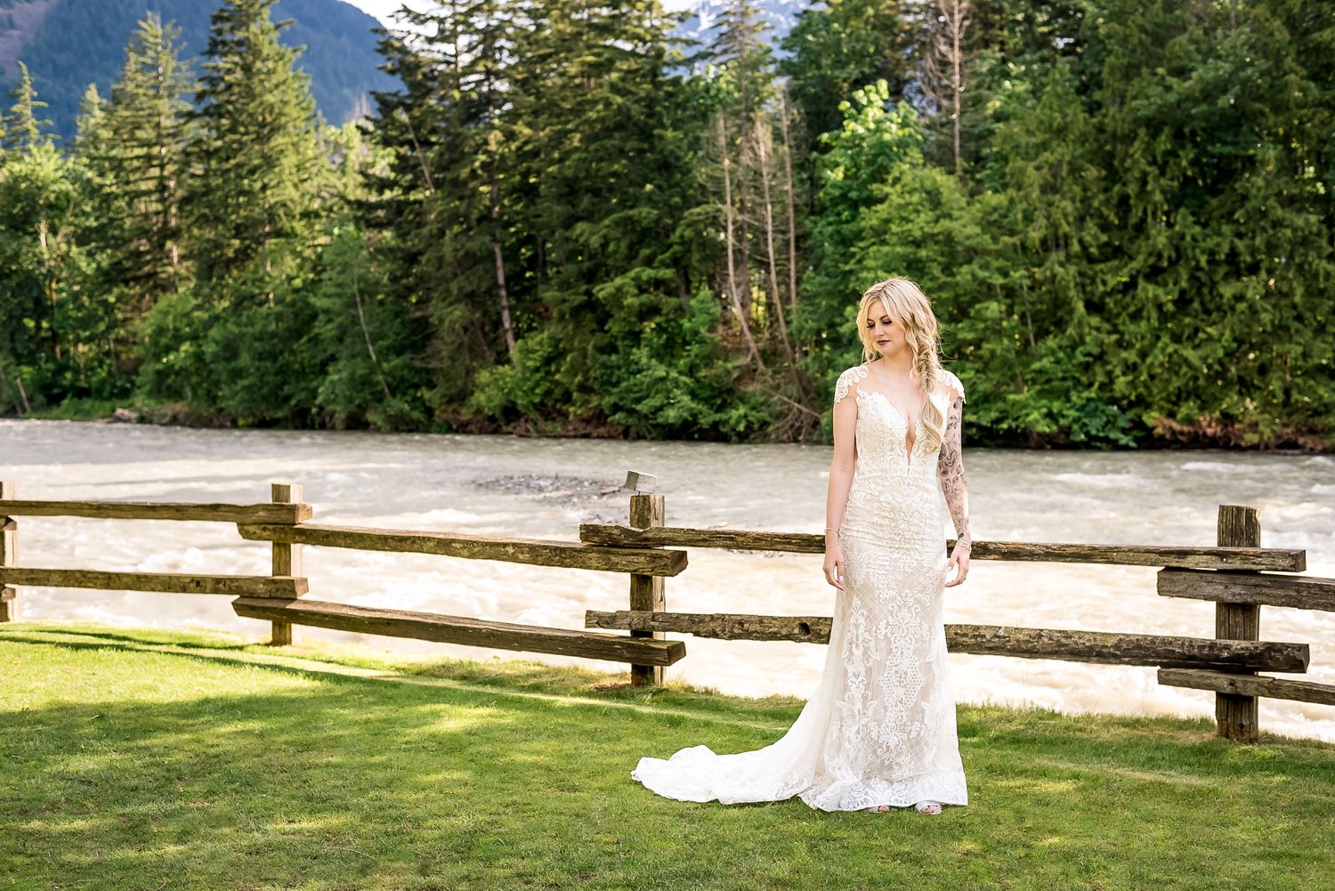Beautiful bride on scenic Hope Golf Course in Hope, B.C. Photo by Kari Mills Photography.