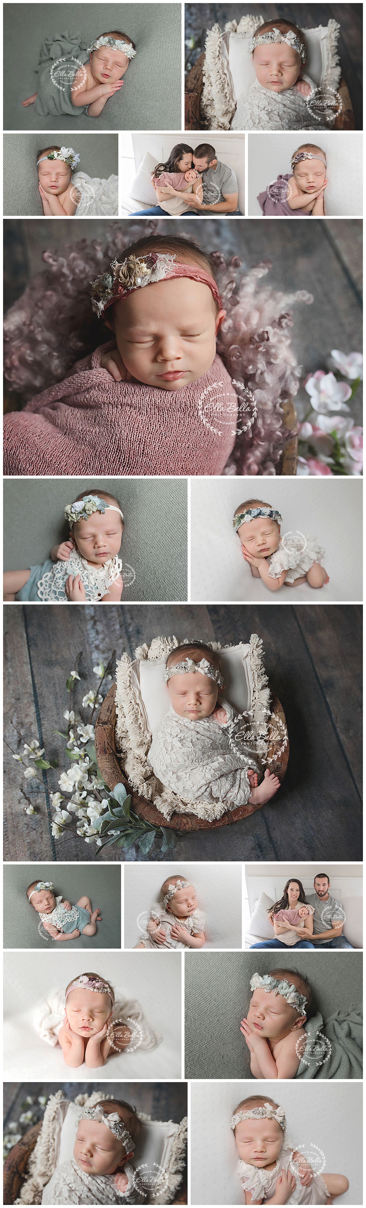 Professional newborn photography session with vintage lace wraps and floral headbands.