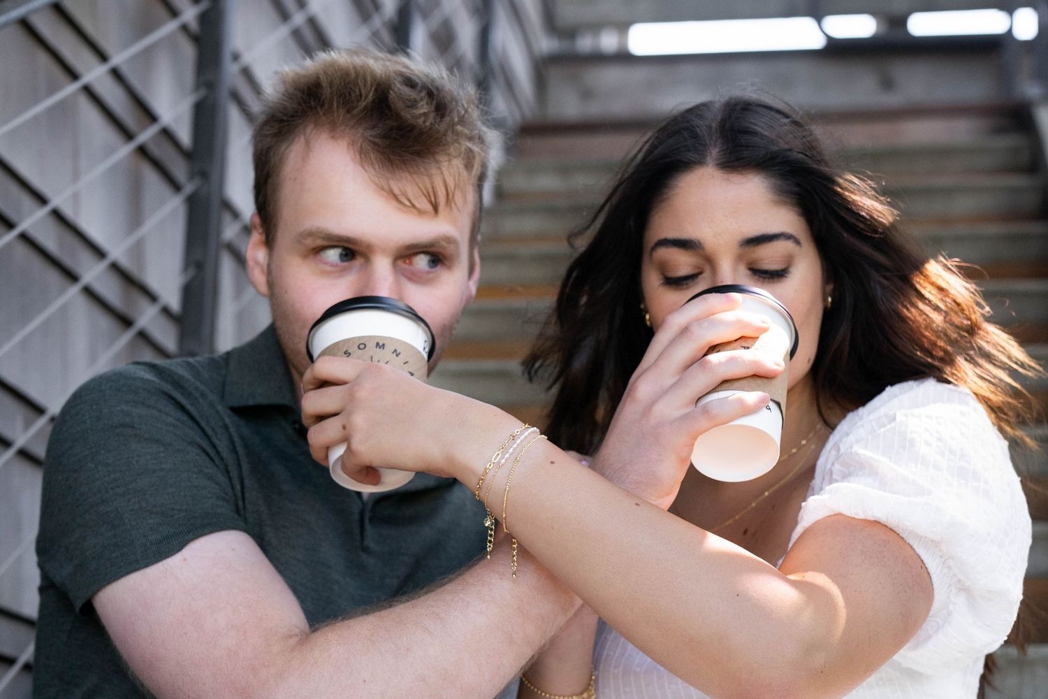 Alex Davis Photography: PNW Candid Couples Coffee Shop Photoshoot, Sitting On Steps At Cannon Beach, On The Oregon Coast