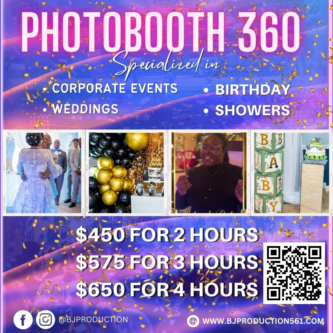Promotional graphic for Photobooth 360 services showing pricing tiers and event types with colorful confetti background.