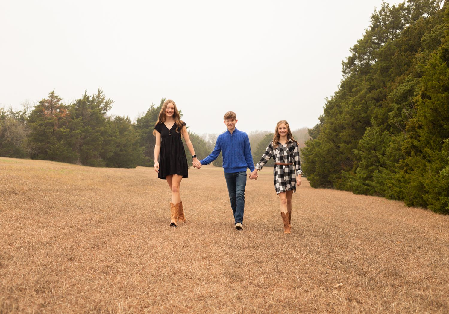 Three siblings walking hand in hand through a golden field with evergreen trees in the background.