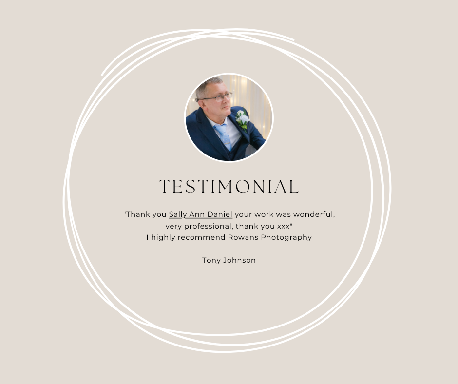 A minimalist testimonial design with concentric circles and a profile photo on a beige background.