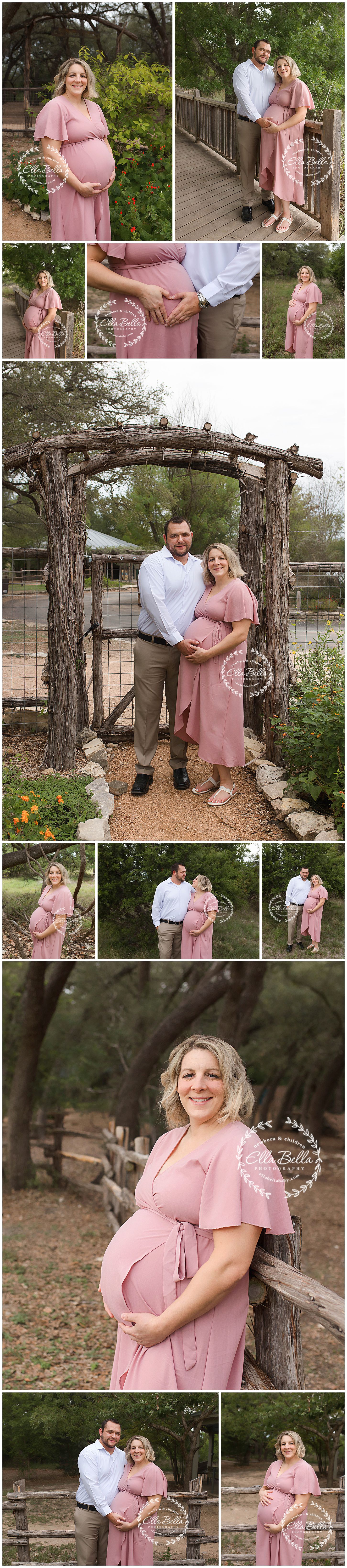 Maternity photoshoot featuring couple in pink dress and white shirt at rustic garden location.