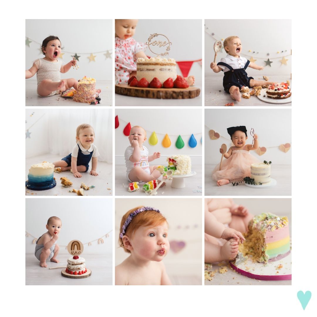 Collage of cake smash photography sessions featuring colorful birthday cakes and decorations for baby's first birthday.
