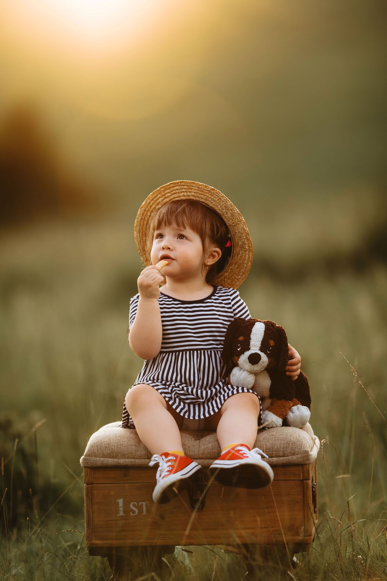 Child in striped outfit and straw hat sits on wooden crate with stuffed dog toy at sunset.