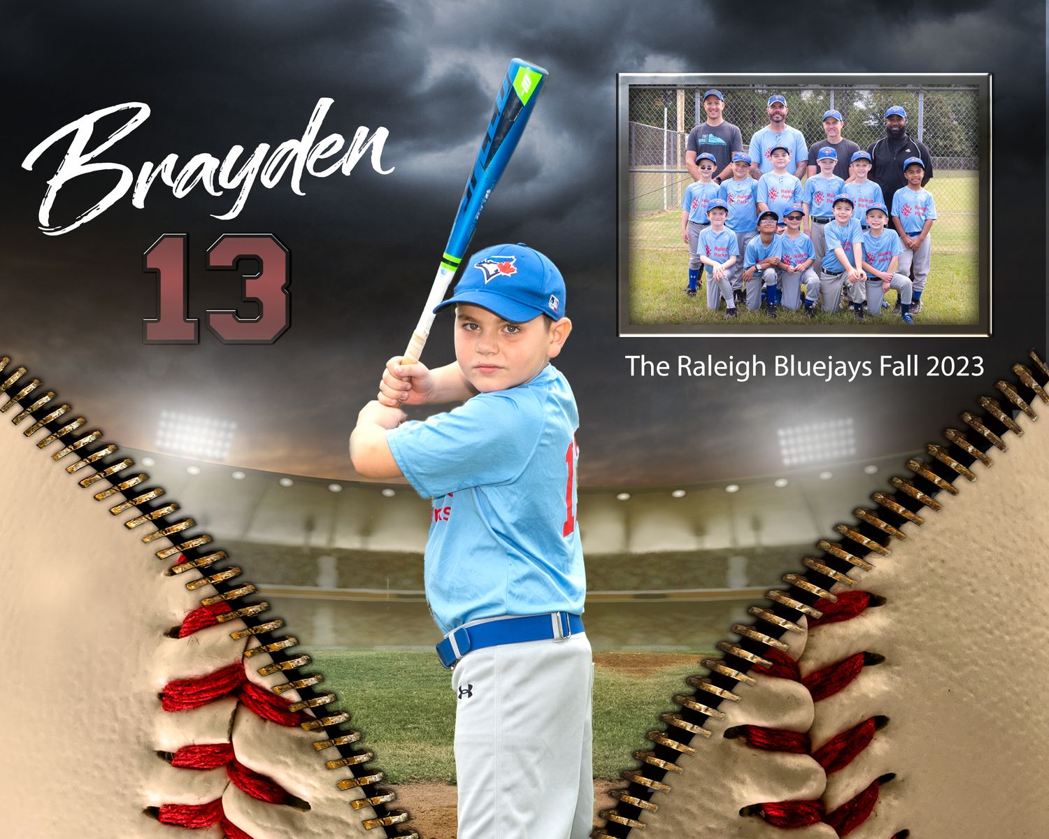 Baseball themed sports composite featuring player photo and team picture on stitched baseball background.