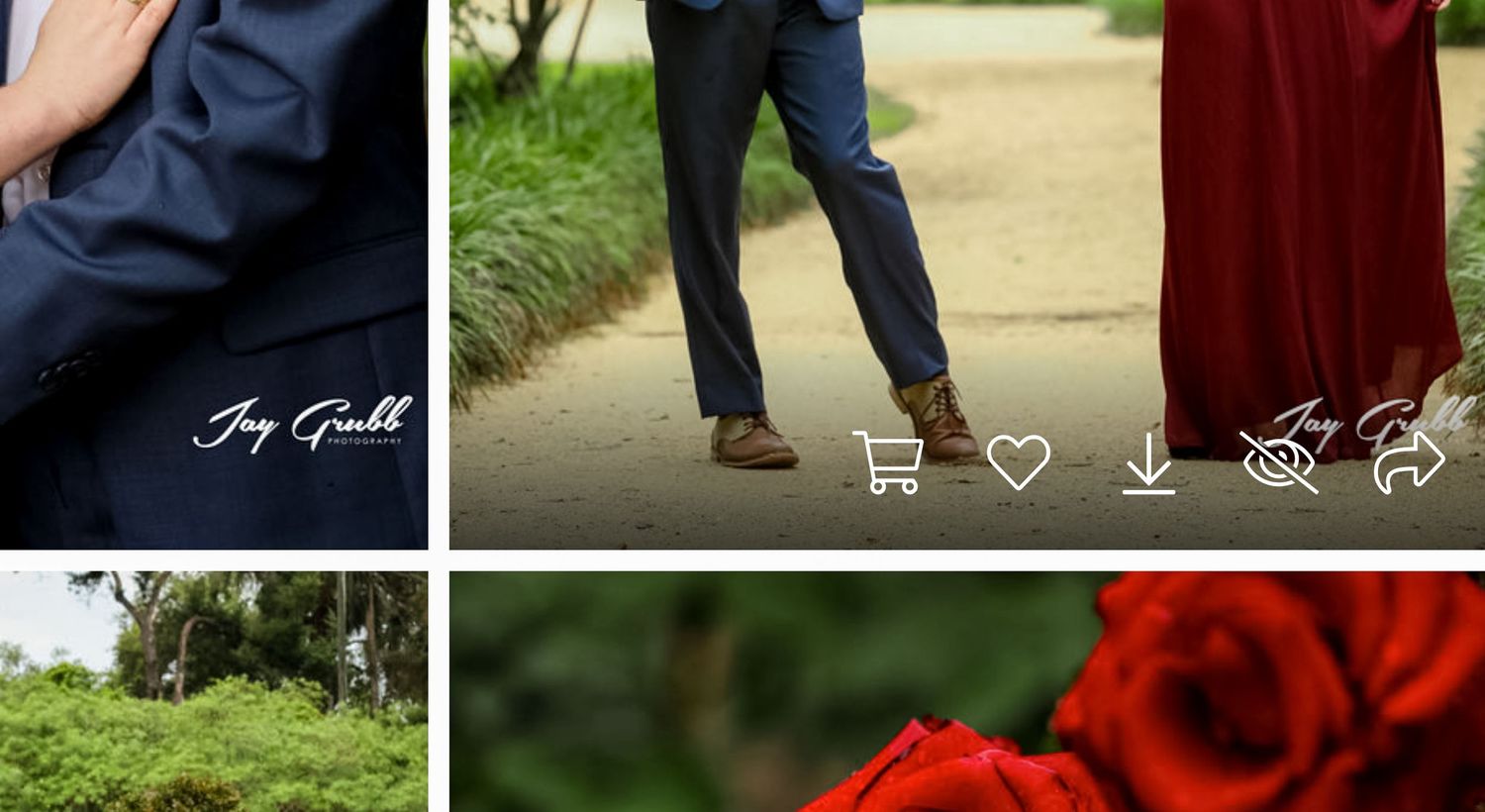 A collage of wedding photography details showing dress fabric, walking feet, and a vibrant red rose bloom.