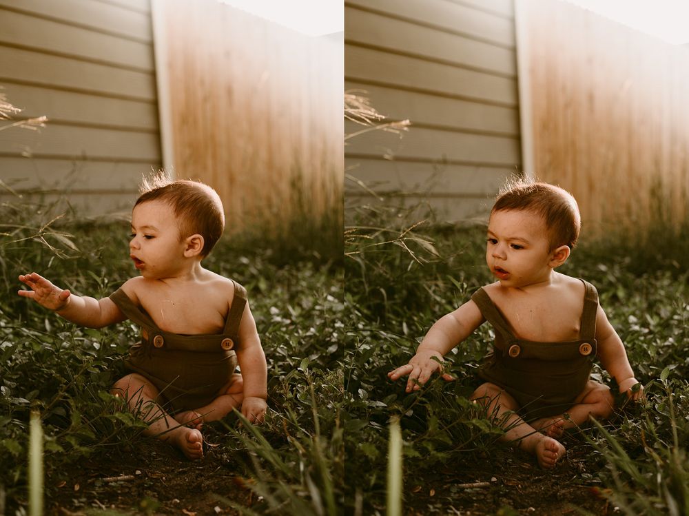 Side-by-side photos of baby exploring outdoor garden setting in brown romper.