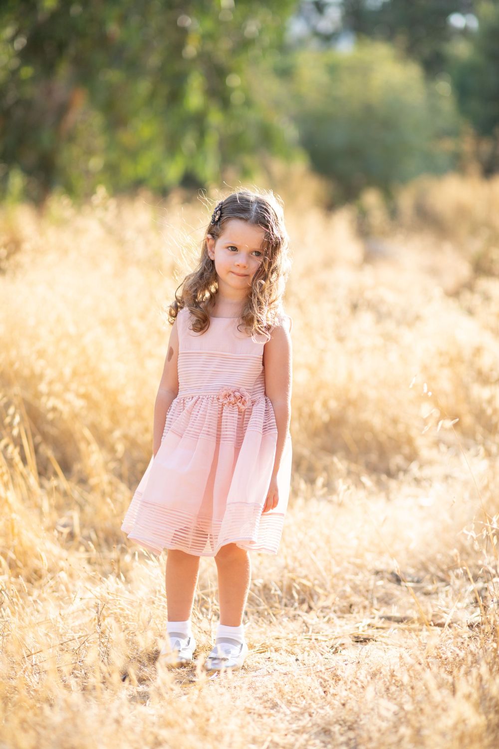 Professional photo of a little girl in a pink dress standing in the yellow field