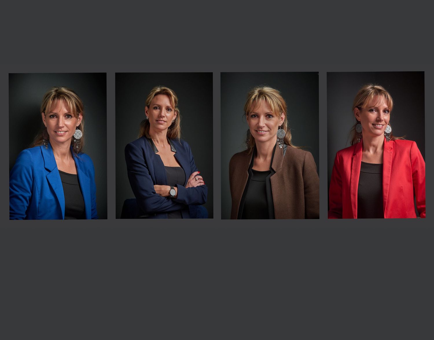 Professional studio portraits showing different business attire and poses against dark background.