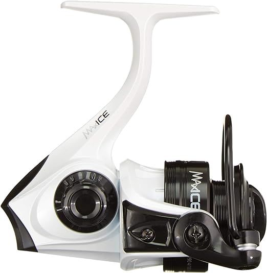 Professional ice fishing reel in white featuring advanced drag system and smooth operation.
