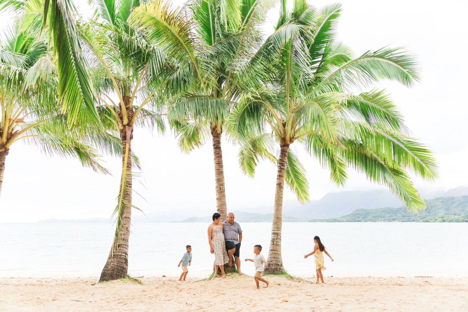 Family enjoying time together under palm trees on a pristine Hawaiian beach.