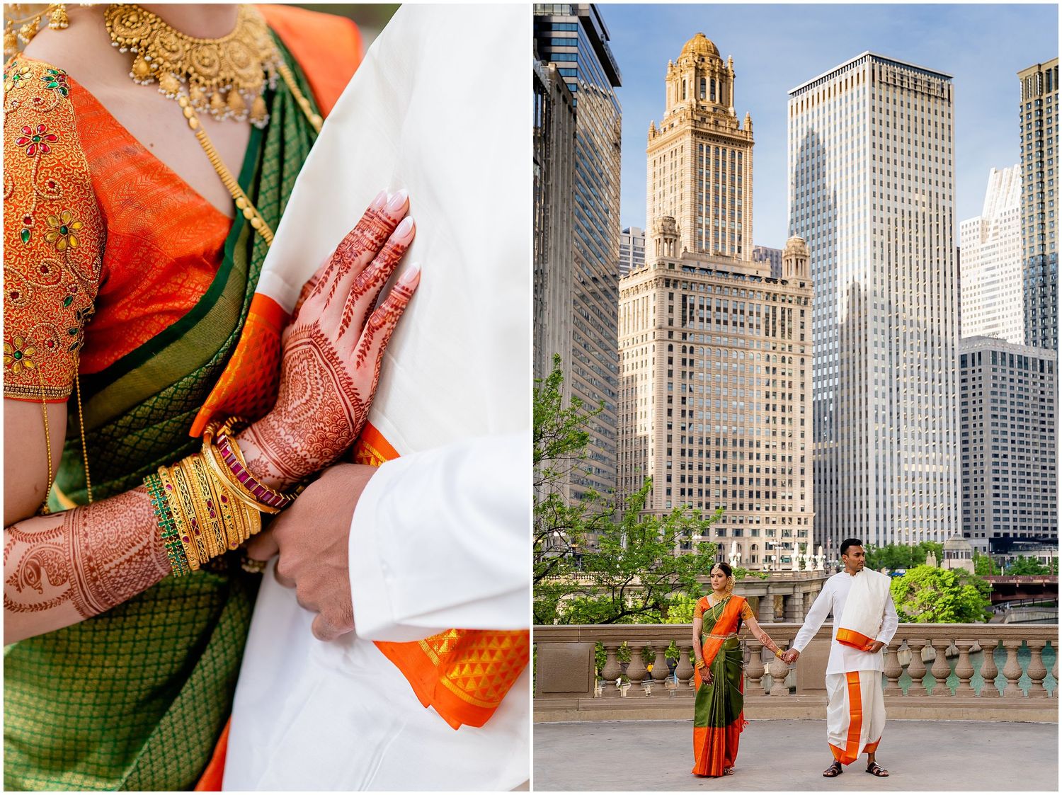 Detail shots of traditional Indian wedding attire and jewelry against Chicago architecture.