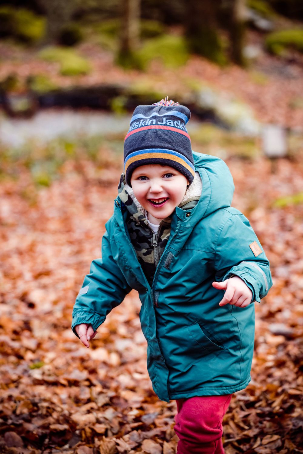 Joyful winter scene with small figure in teal coat and knit hat playing in fallen leaves.