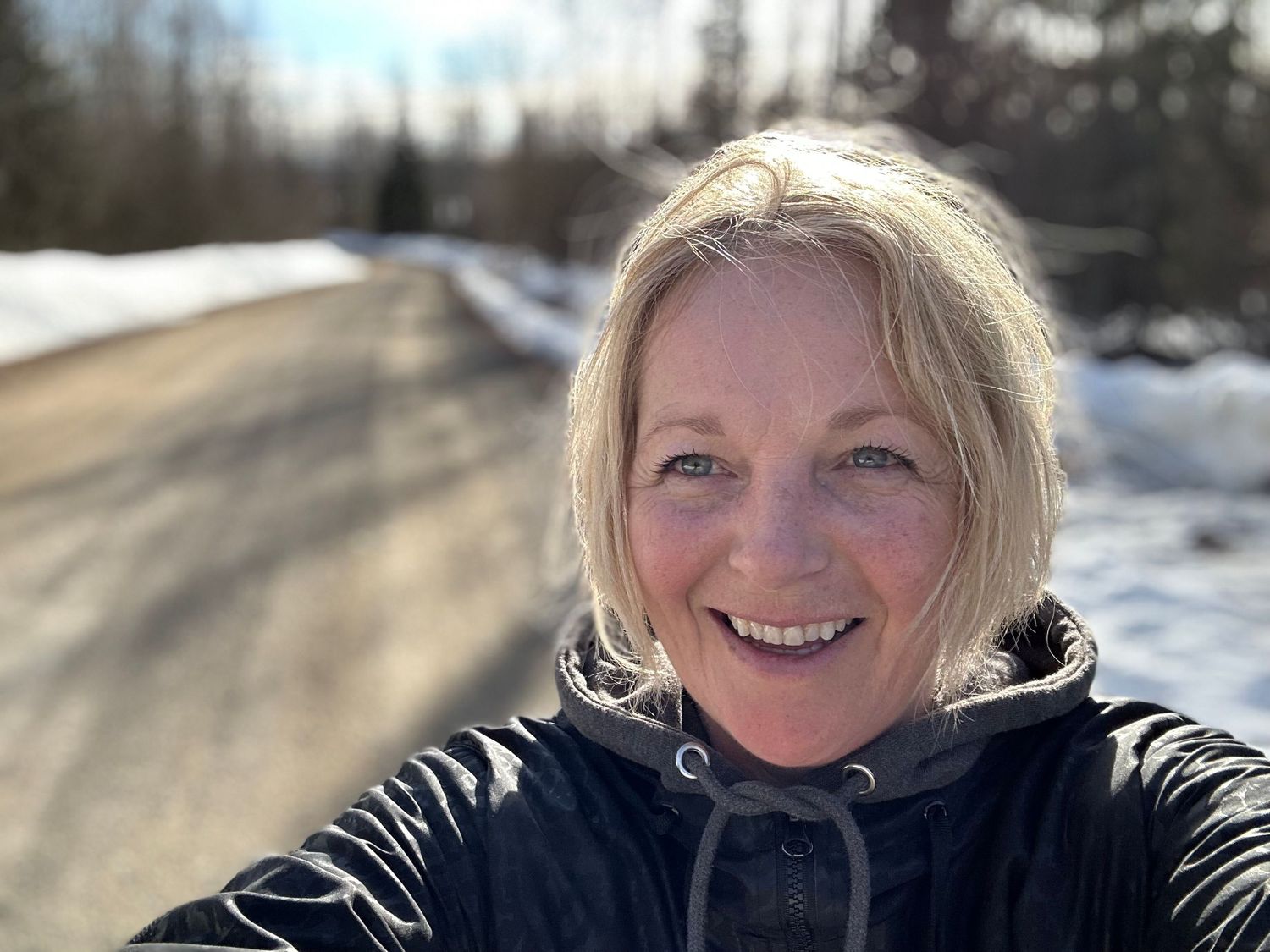 Winter outdoor selfie sequence showing joyful expressions against a snowy landscape.