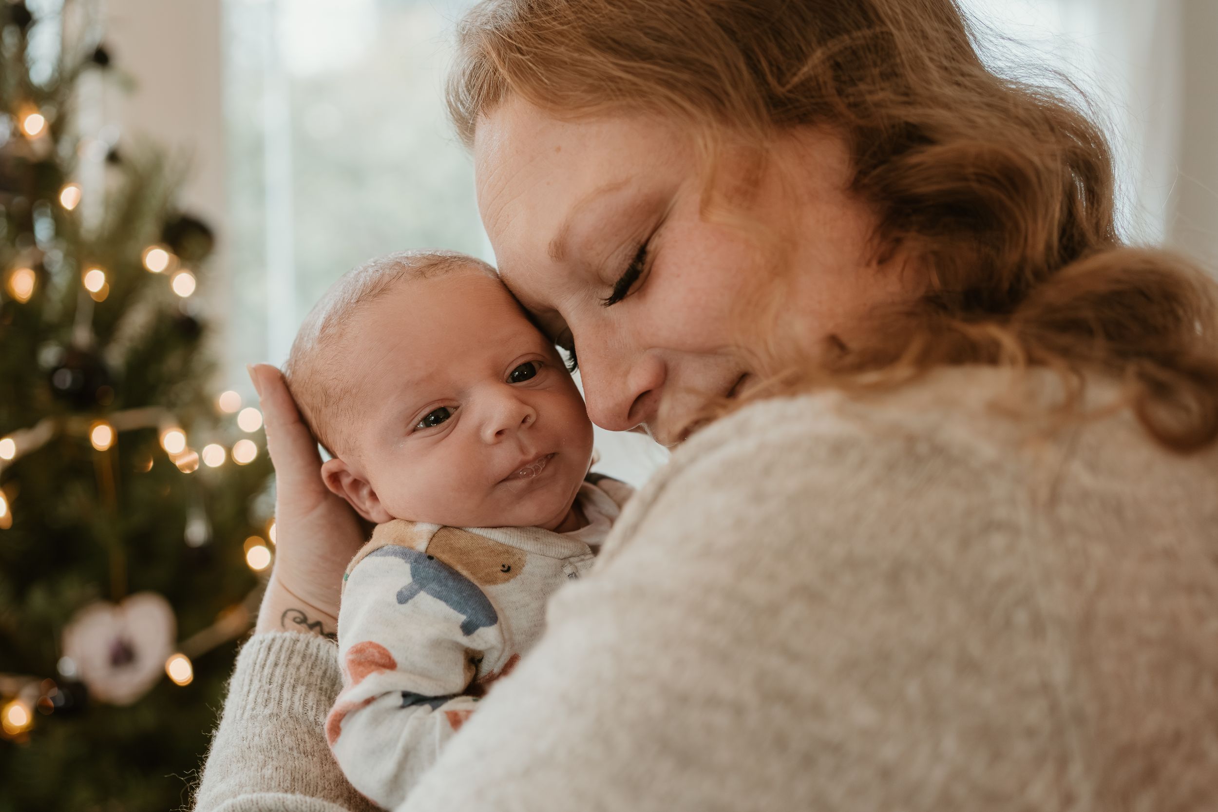 A tender moment between parent and newborn baby with Christmas tree lights in background.