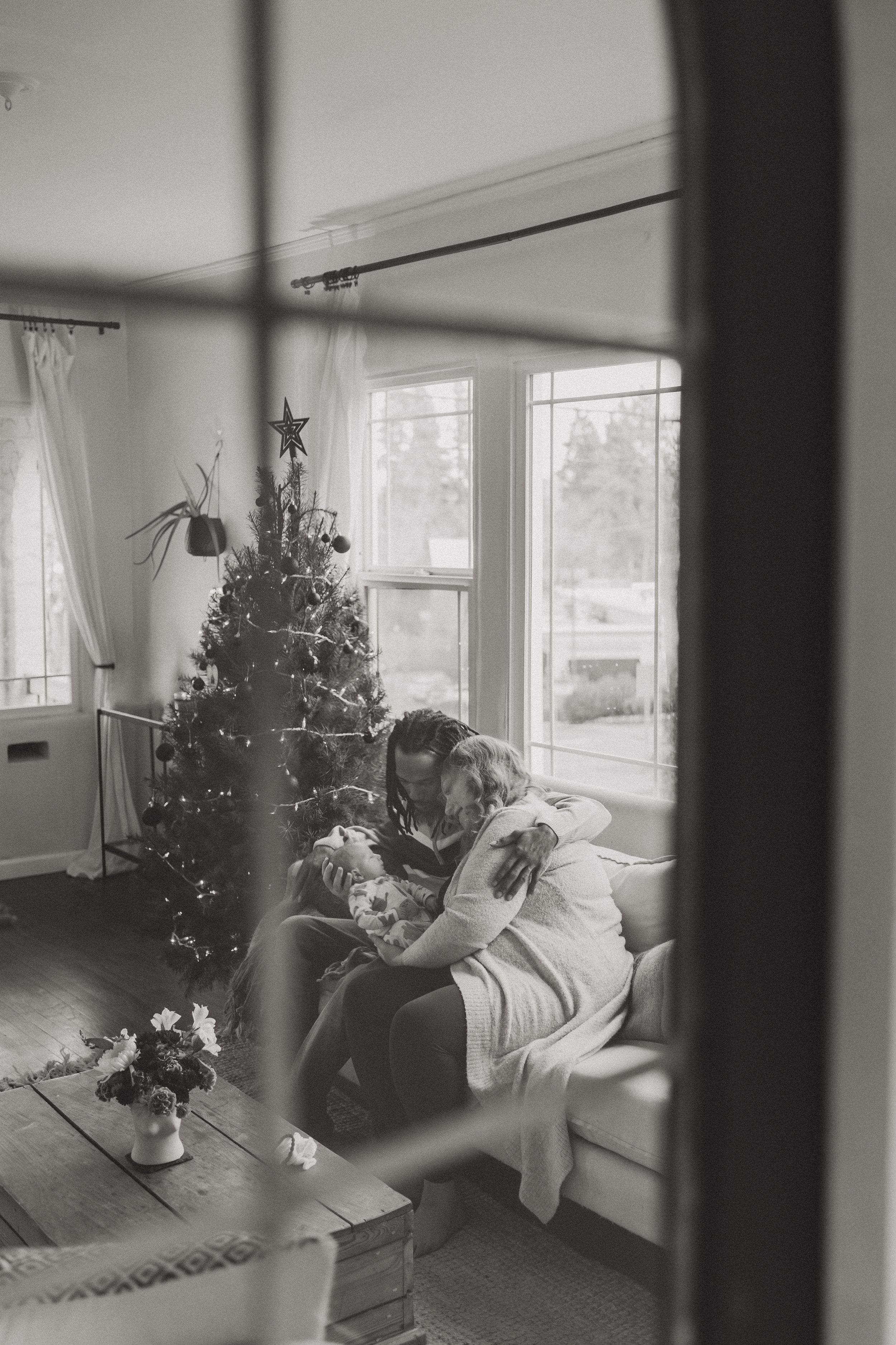 Black and white interior shot through window frames showing a cozy living room with Christmas tree.