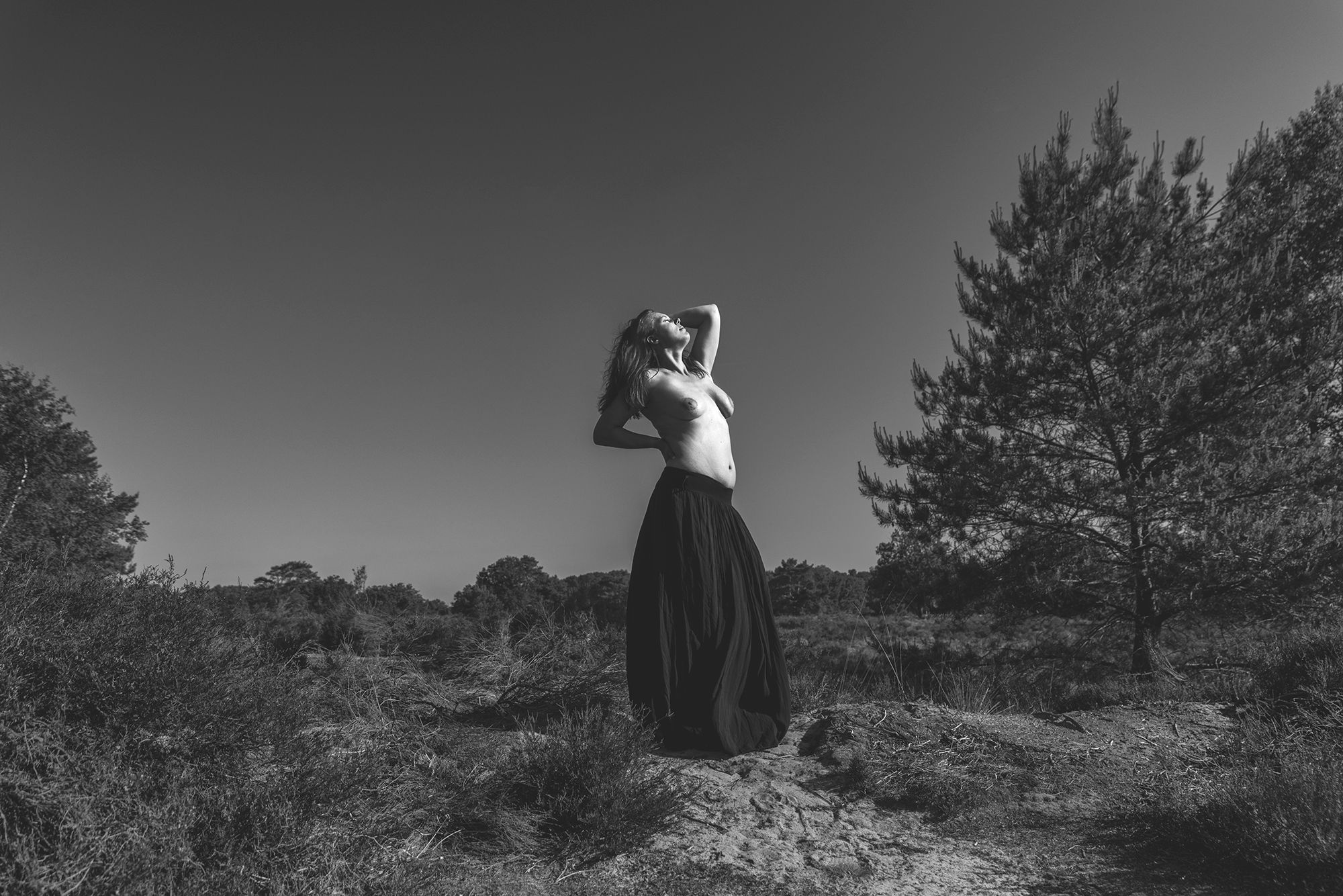 half naakt model in zwart wit poseer in de natuur met een lange jurk