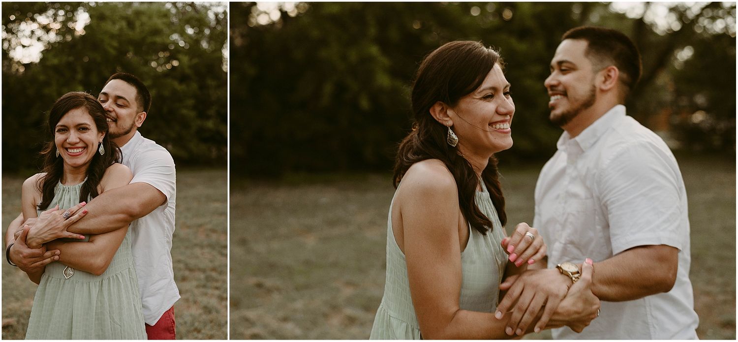 Candid moments of laughter and embraces captured during golden hour.