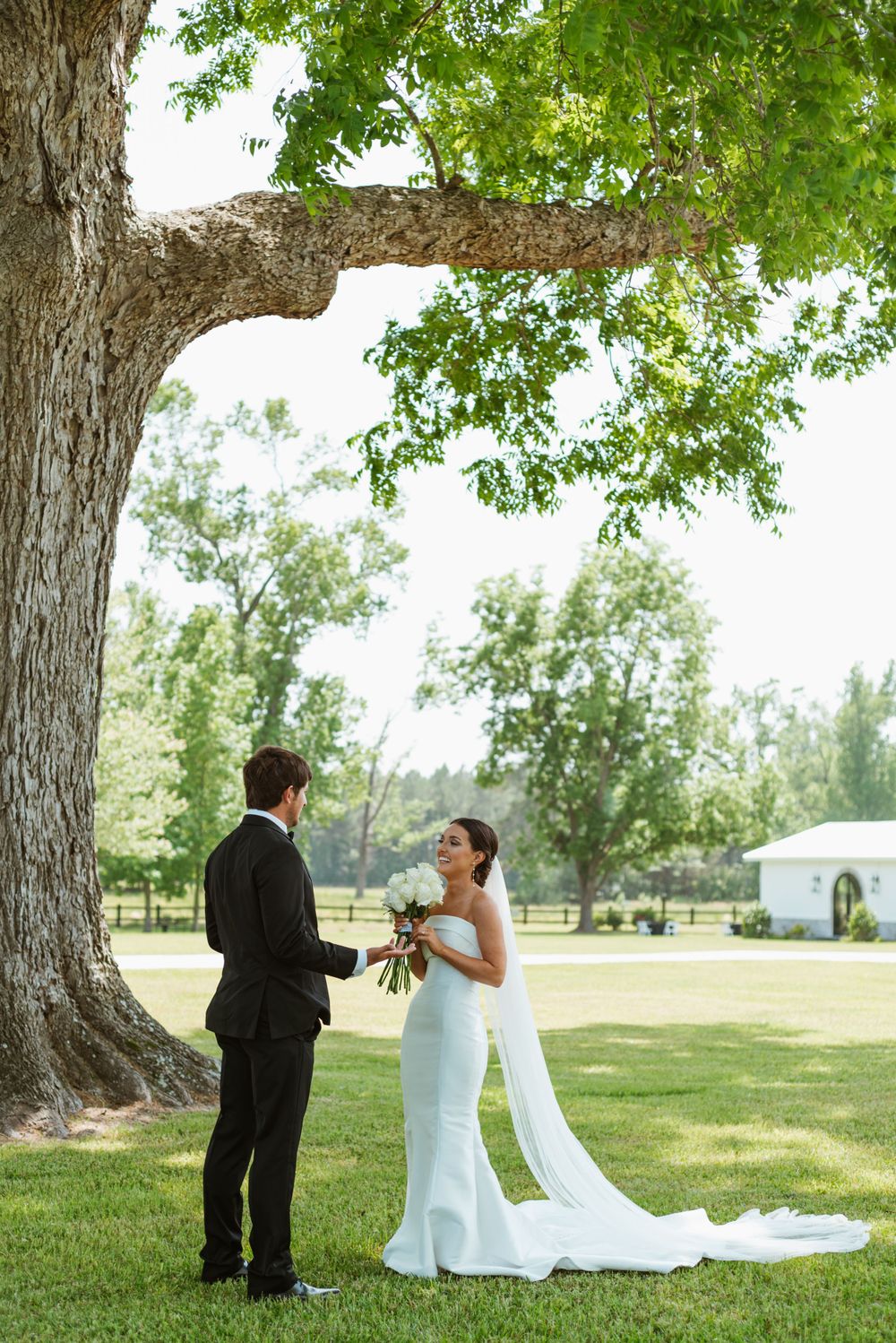 bride and groom sharing vows together under a big oak tree