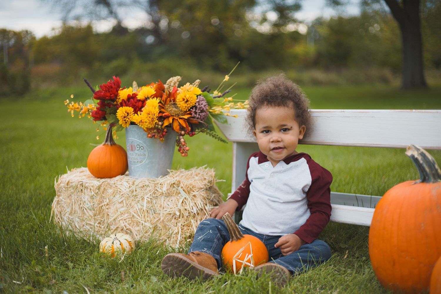 smiling toddler pumpkins fall photoshoot outdoors odana hills park