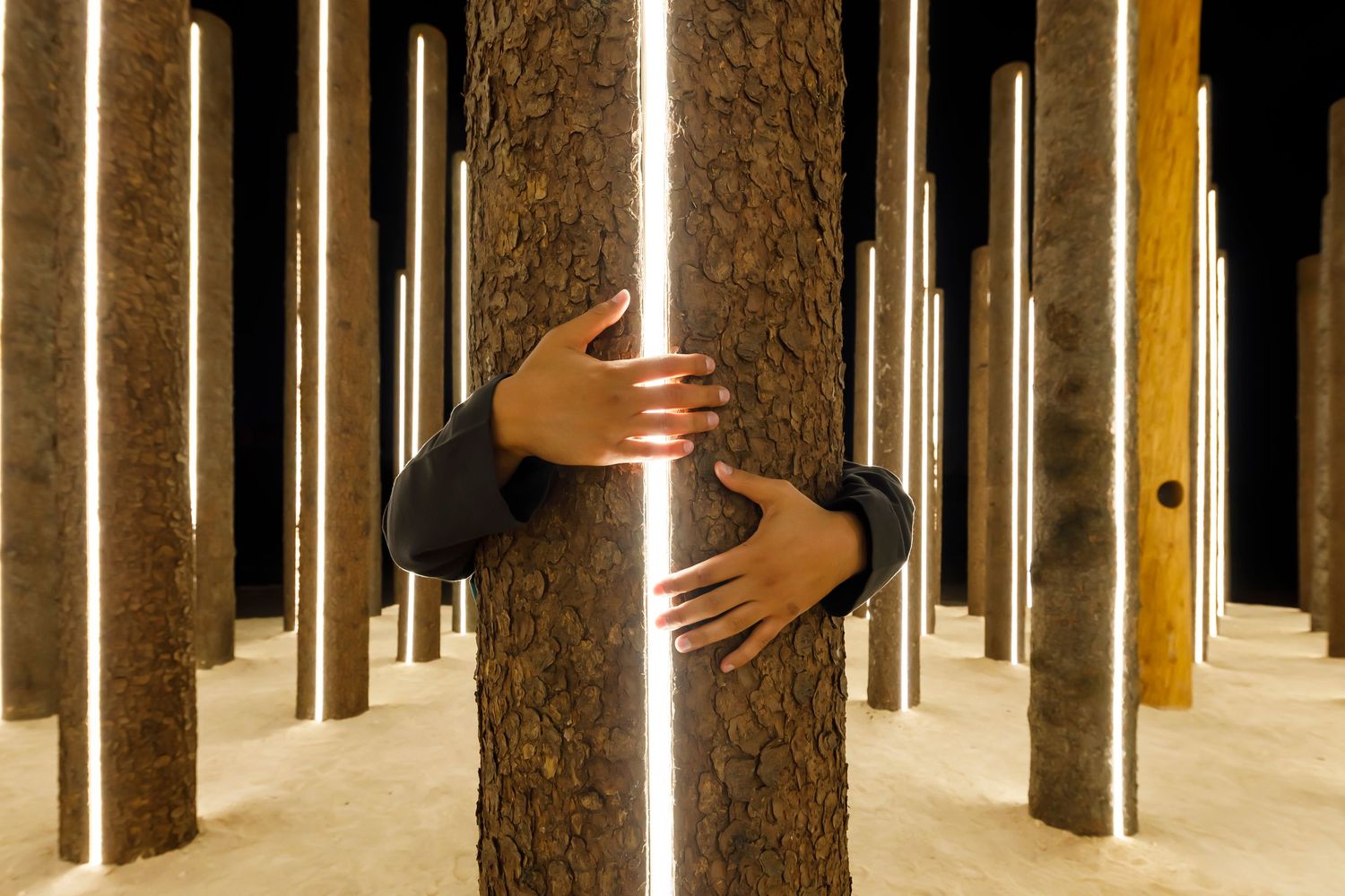 Hands grasp illuminated pole in artistic installation with multiple vertical light columns.