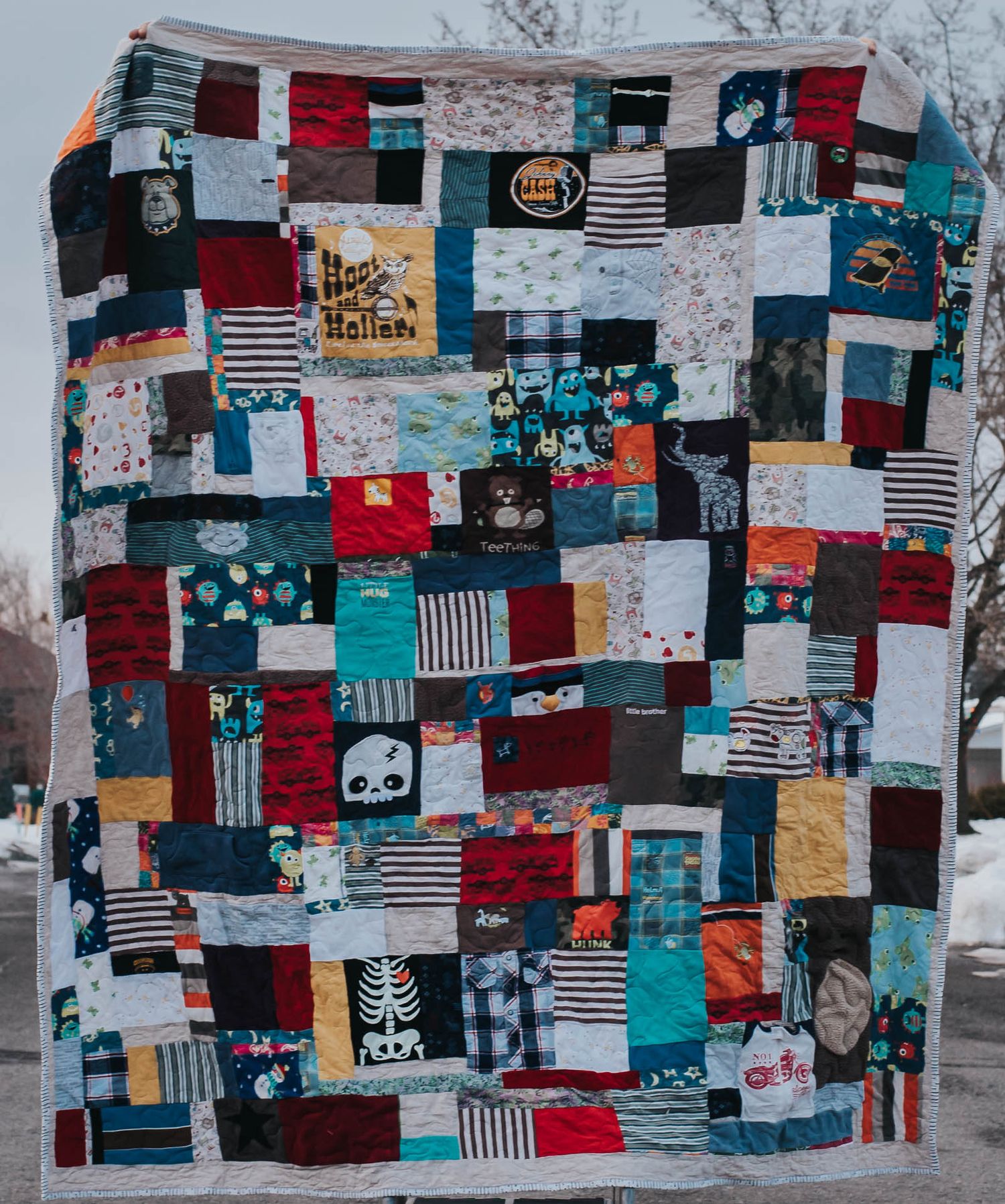 Stunning and vibrantly coloured patchwork memory quilt.