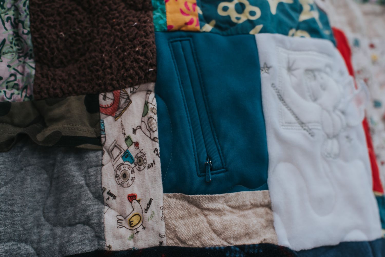 Patchwork memory quilt with a square showing a zippered pocket of a blue hoodie.