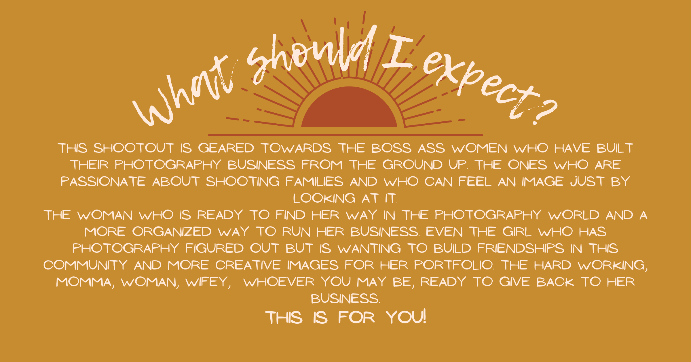 Text-based expectations guide for photo sessions on orange background with sun illustration.