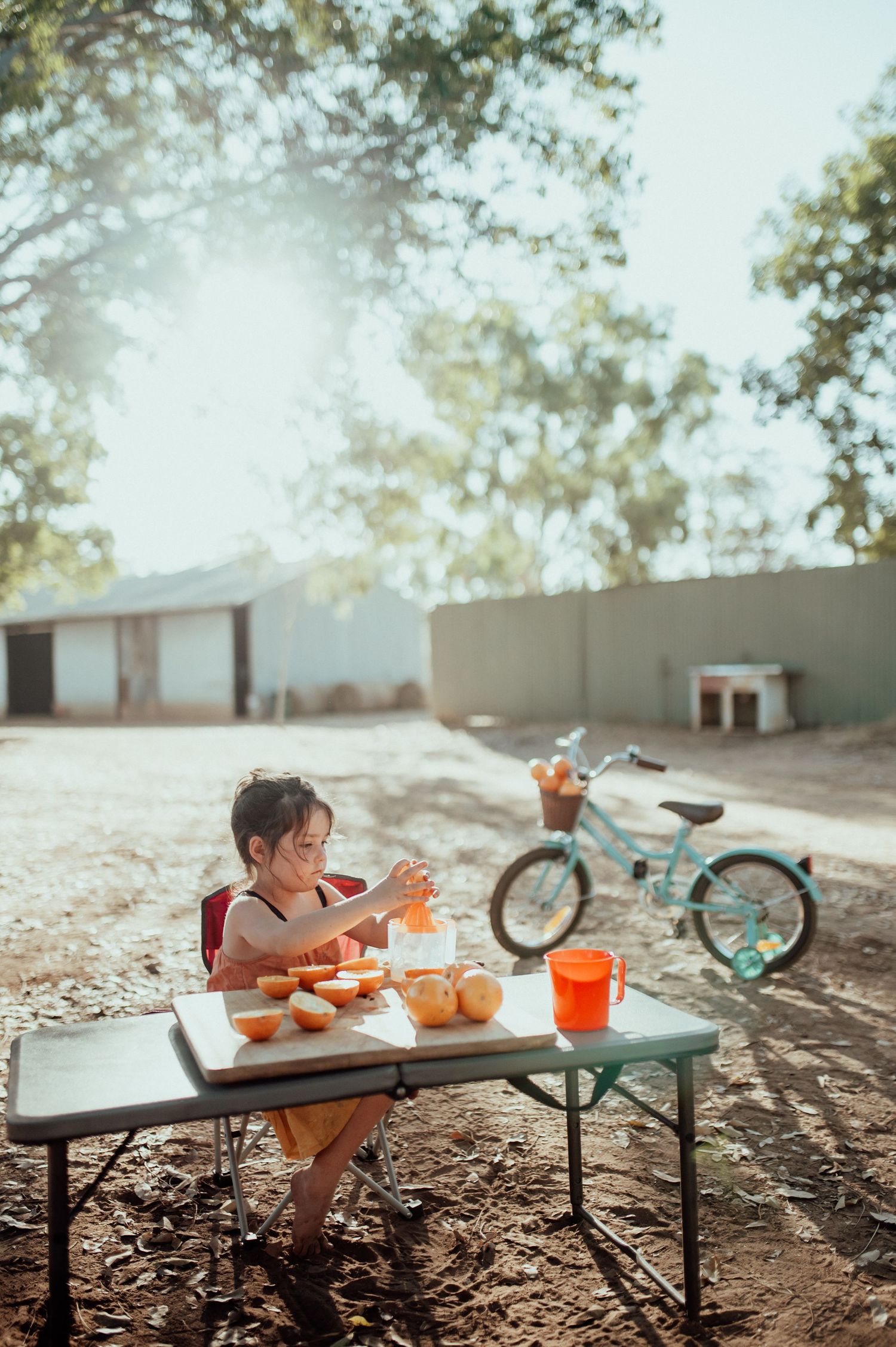 Isla making her own fun in the country with an orange juice stand