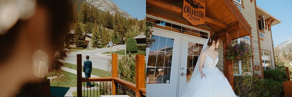 Wedding venue exterior with dramatic mountain landscape in the background.