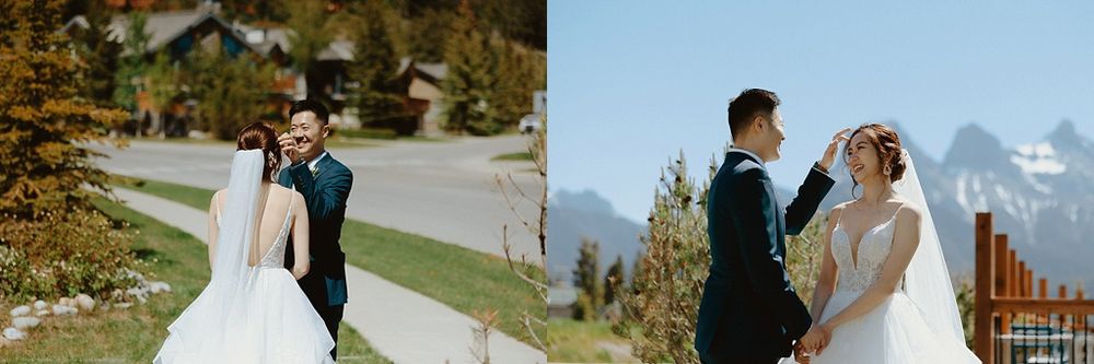 Two wedding photos side by side showing a couple celebrating their special day in a mountainous setting.