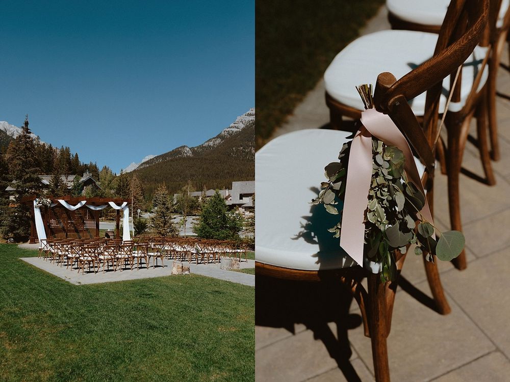Split image of an outdoor wedding ceremony setup and rustic wooden decor details.