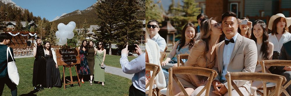 Wedding guests gather outdoors for a ceremony in a mountain setting.
