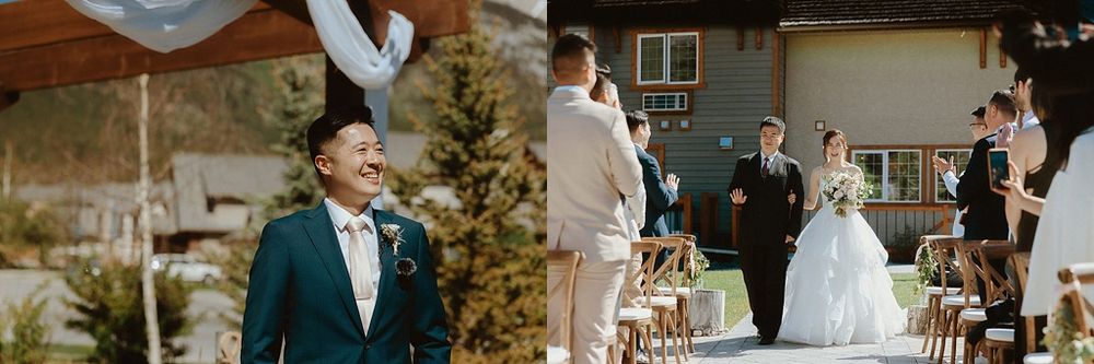 Outdoor wedding ceremony with mountain backdrop features elegant decor and natural scenery.