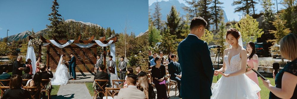 Split view of outdoor mountain wedding ceremony with decorated wooden arch.