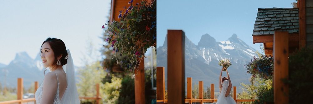 Romantic mountain wedding photos captured at sunset with rustic wooden architecture.