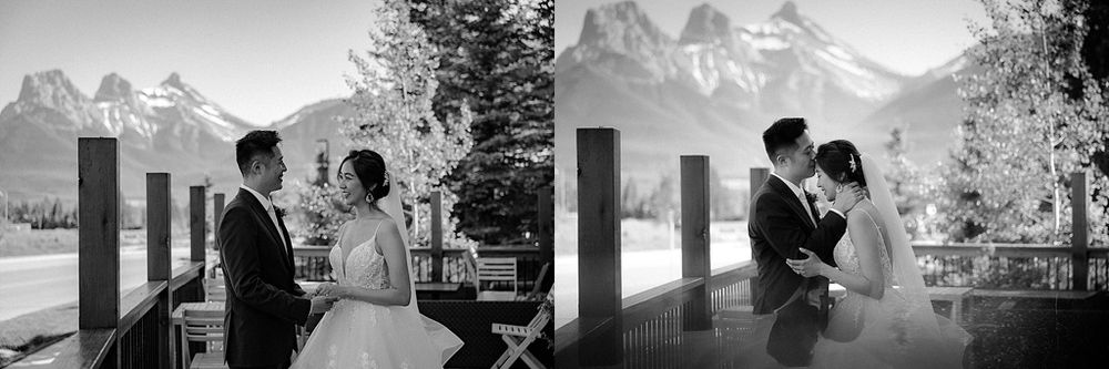 Wedding photography session with dramatic mountain landscape backdrop in natural lighting.