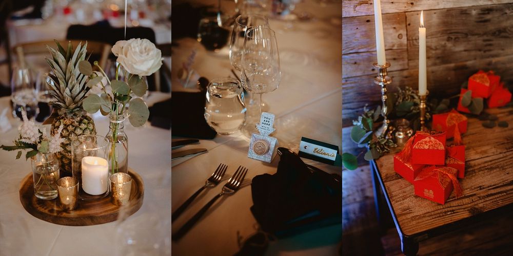 Wedding reception details with decorative elements and warm ambient lighting.