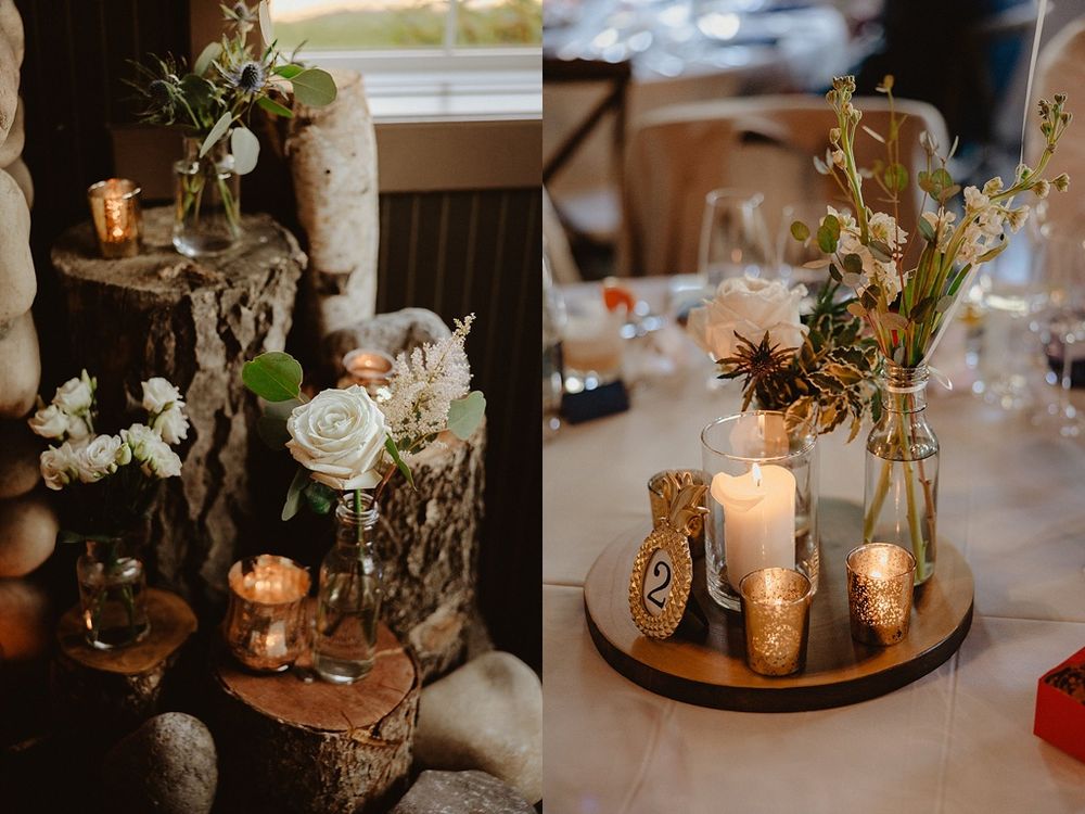 Romantic table centerpieces with natural elements, candles and rustic wooden accents.